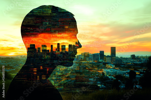 Cityscape Inside Digital Silhouette.
A digital silhouette of a person overlaid with a city skyline at sunset, blending tech and humanity.