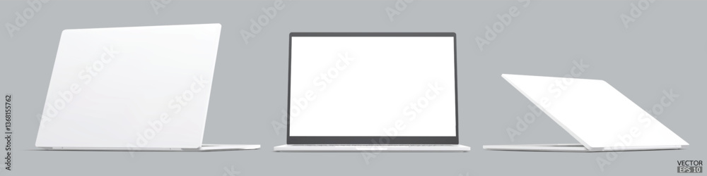 3D image of white laptop, front and back view from different angles isolated on gray background. Realistic Laptop white color mockup with blank screen display. 3D vector illustration. 3D image of white laptop, front and back view from different angles isolated on gray background. Realistic Laptop white color mockup with blank screen display. 3D vector illustration.