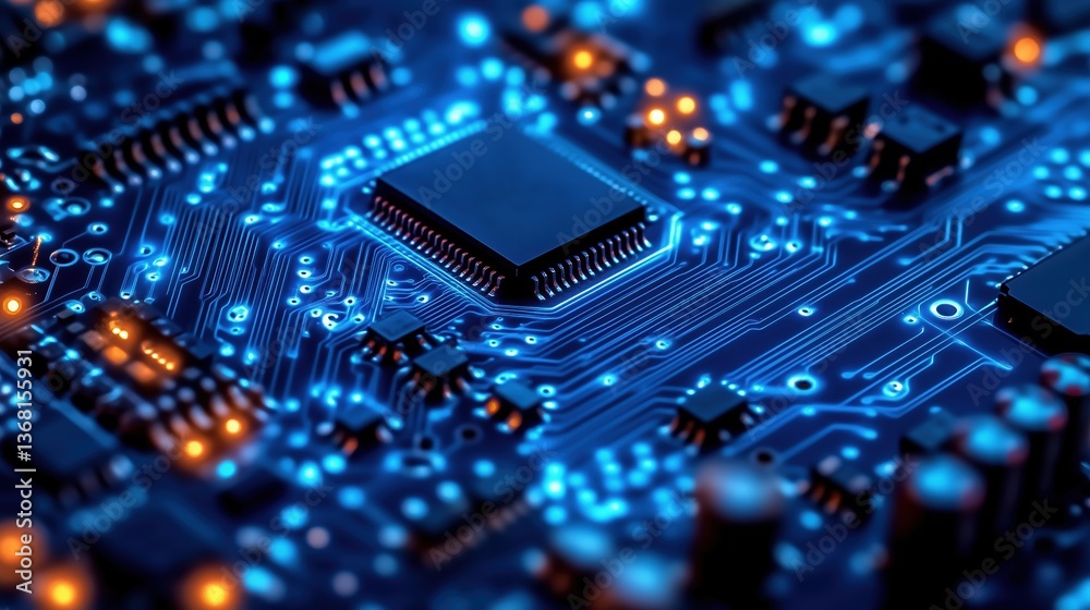 3D rendering of blue circuit board with glowing chip and electronic components in dark environment, showcasing digital technology and information exchange concept. Close-up high-angle view with shallo 3D rendering of blue circuit board with glowing chip and electronic components in dark environment, showcasing digital technology and information exchange concept. Close-up high-angle view with shallo