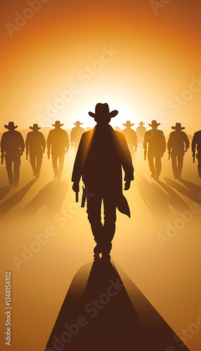 Cowboy Silhouettes
Silhouettes of cowboys walking forward against a bright orange desert sunrise background.