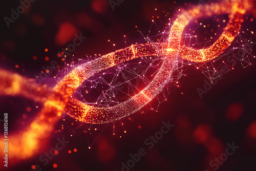 Blockchain Chain Link
A close-up digital rendering of a glowing orange chain link made of particles and network lines.