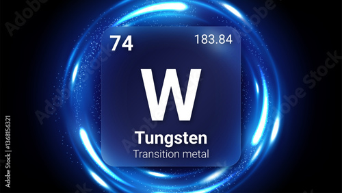 Tungsten (W) (074) Transition Metal, Glass Morphism Element Futuristic Neon Light Glow Background Periodic Table, Chemical Symbol, Name, Atomic Mass, Atomic Number, Vector Illustration