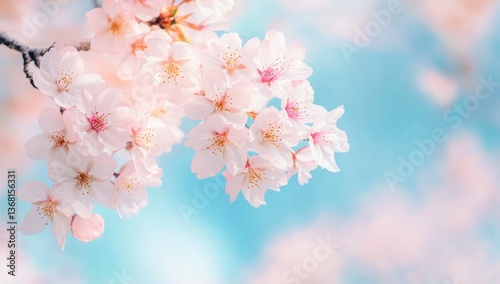 Blooming Cherry Blossom Branch Against a Soft Blue Sky Background