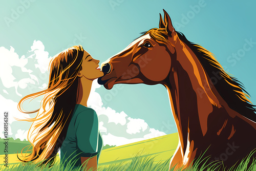 Girl and Horse
Stylized illustration of a girl and horse sharing a close moment in a green field under a clear blue sky.