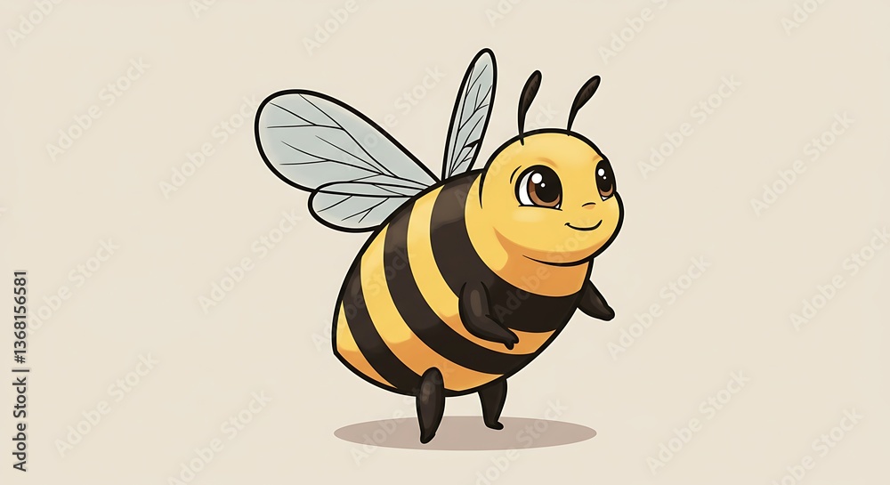 Cartoon Bee Standing Upright with Wings and Happy Expression Cartoon Bee Standing Upright with Wings and Happy Expression