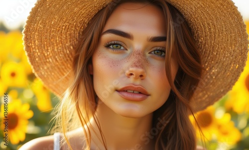 Young woman with freckles in sunflowers