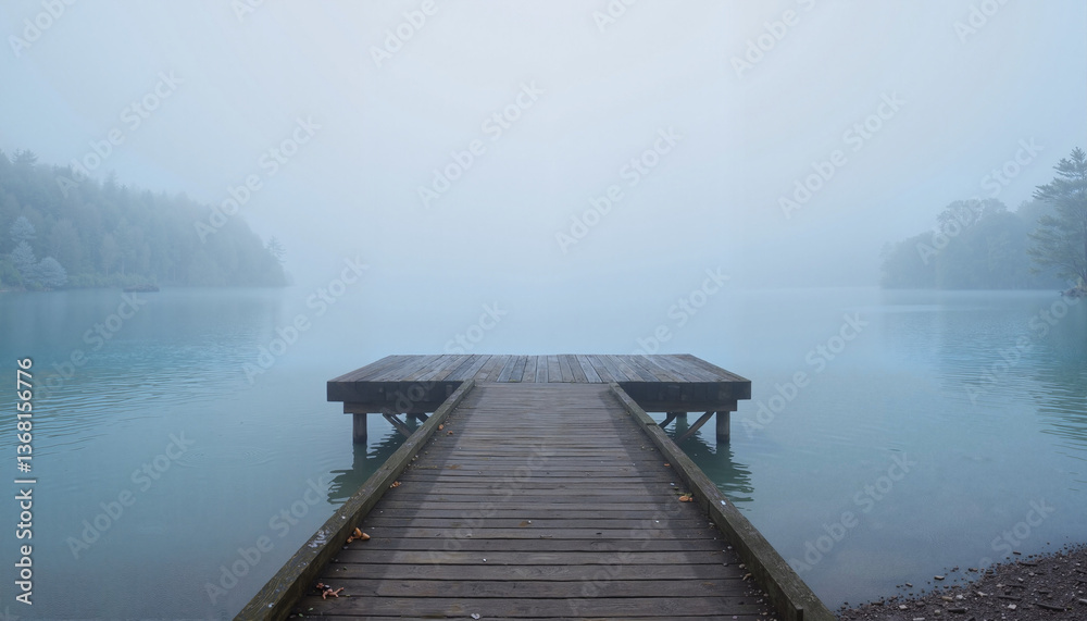 Obraz premium Foggy Lake Dock with Muted Blues and Grays