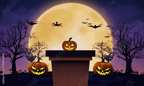 Cartoon Halloween Illustration with Orange Pumpkins and Bats Flying