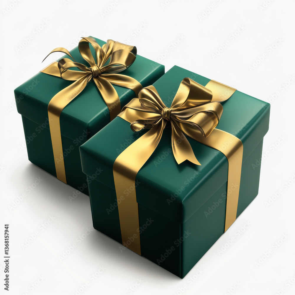 Fototapeta premium A Festive Duo of Emerald Green Gift Boxes With Golden Ribbon Bows on a White Background.