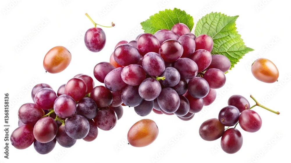 Obraz premium A Bunch of Red Grapes Falling in the Air with Some Loose Grapes and Leaves