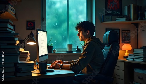 Young Man Working on Computer at Night During Rainstorm