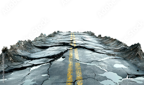 Cracked and Damaged Road View After Tsunami Submersion Event Isolate on Transparent Background, cutout, png