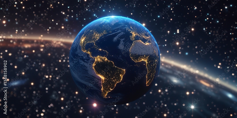 Fototapeta premium Our vibrant Earth, a glowing jewel in the vast cosmos, shining with the light of human civilization, adrift in a sea of stars and cosmic dust.