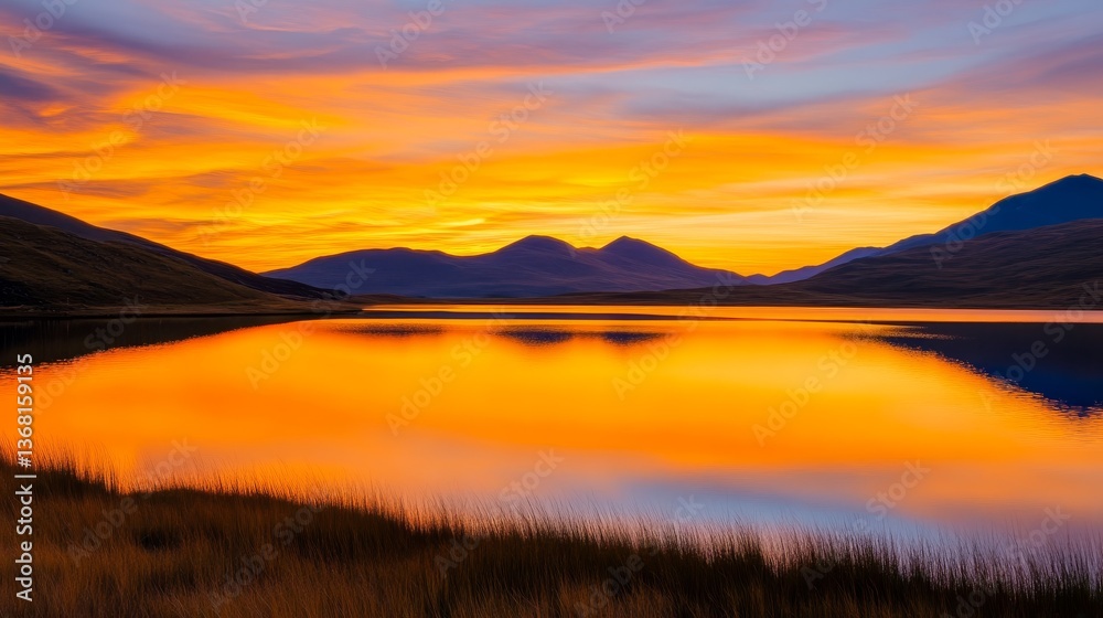 Fototapeta premium Vibrant sunset over tranquil lake with silhouetted mountains and grassy foreground