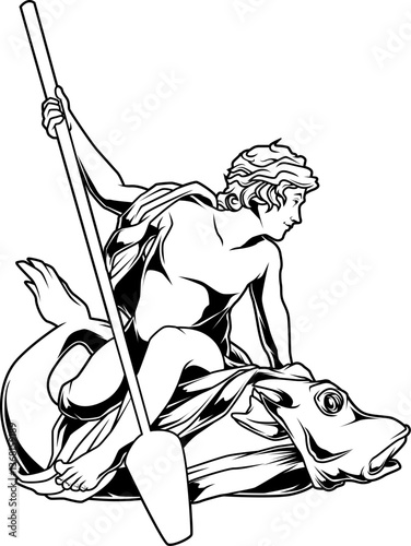 Njörd, Gott des Meeres und des Wohlstands, reitet auf einem Seetier mit Ruder in der Hand – Herrscher über Wasser und Wind.