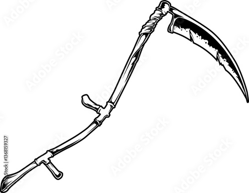 Traditionelle Sense mit langer Klinge und Holzstiel – Symbol für Ernte, Zeit und Vergänglichkeit.