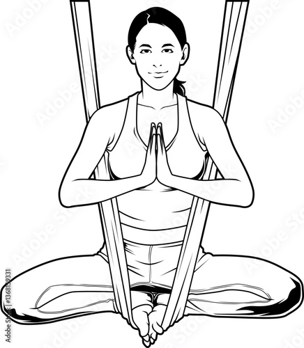 Frau in sitzender Aerial-Yoga-Pose mit Tüchern – Ruhe, Balance und Fokus vereint in luftiger Haltung.