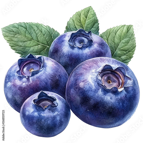 A watercolor of a blueberry, isolated on a white background. Blueberry vector.

