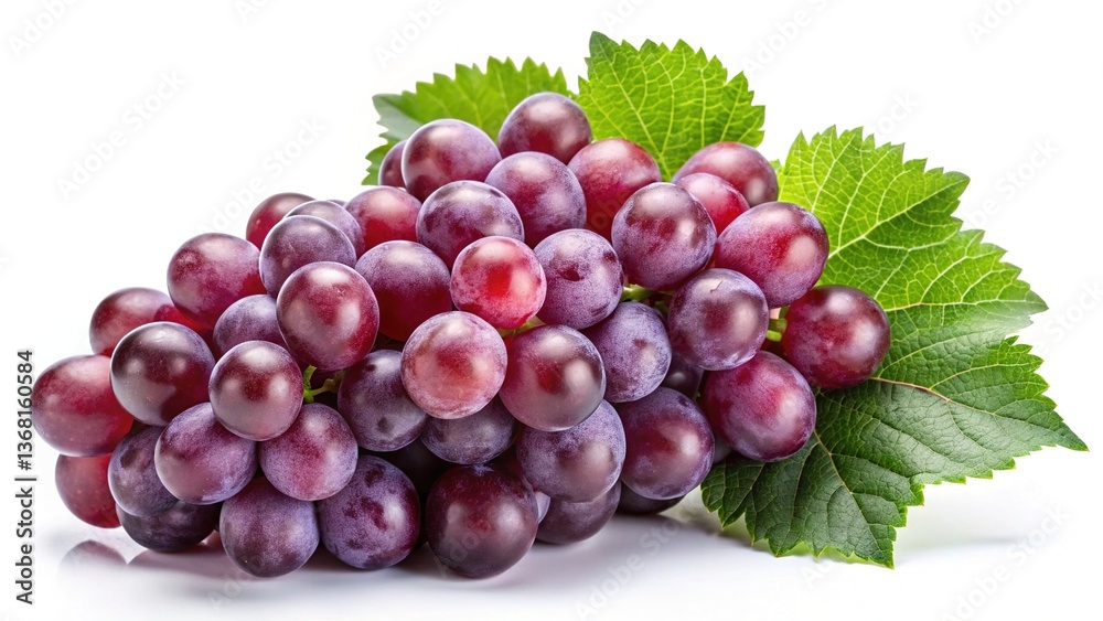 Fototapeta premium A cluster of fresh red grapes with green leaves isolated on white background juicy ripe fruit healthy snack delicious sweet treat antioxidant vitamins