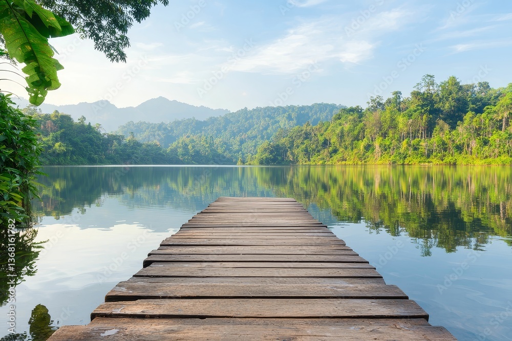 Naklejka premium A serene wooden pier extends into a calm lake, surrounded by lush greenery and mountains under a clear blue sky.