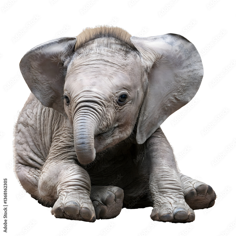 Fototapeta premium A baby elephant sitting down its trunk playfully curled up as if it's giggling, isolated on transparent background