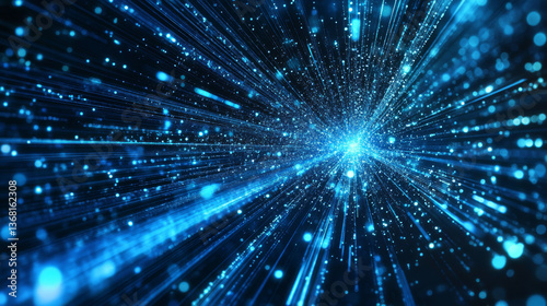 Vivid blue digital network with streaming data particles, symbolizing fast digital communication and information technology advancement. 3d rendering 