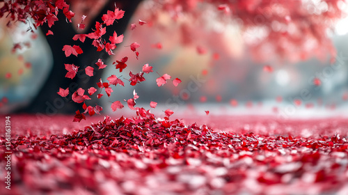 A tree shedding colorful leaves in a gentle cascade, symbolizing surrender and trust in the process, with rising faith amidst the quiet beauty of daylight, evoking peace and renewal.

