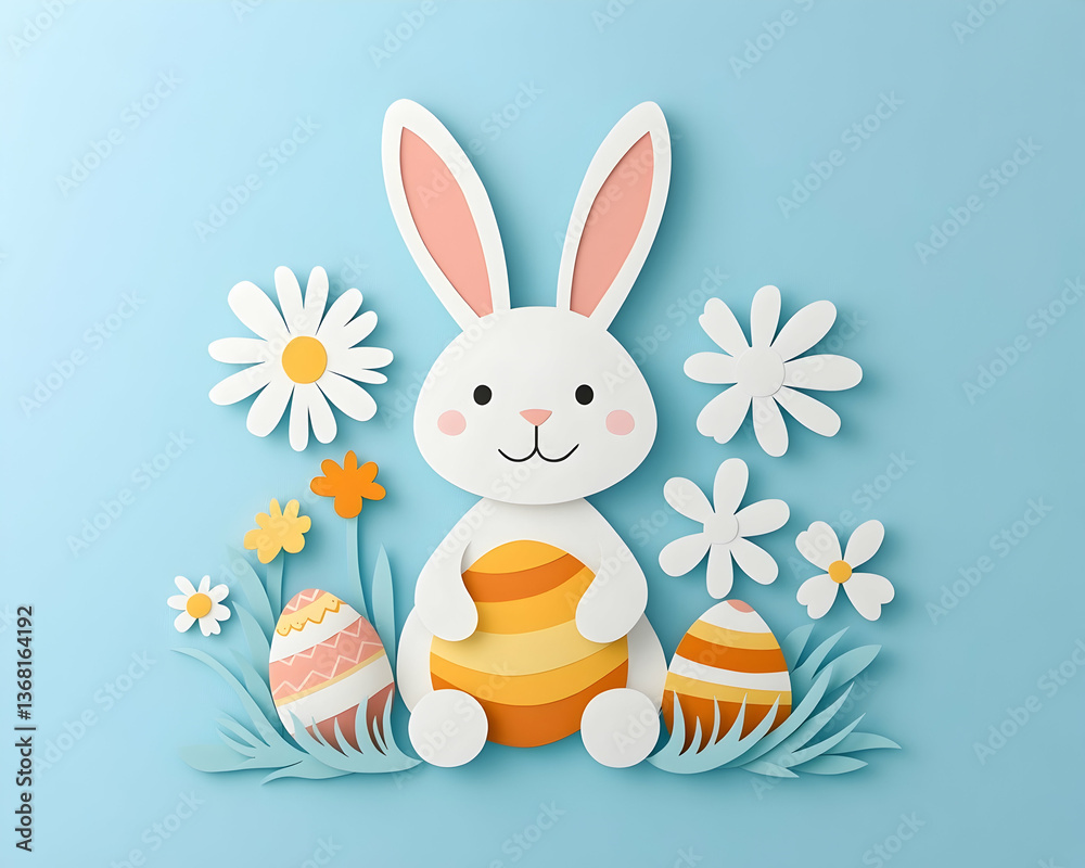 Fototapeta premium Papercraft Easter bunny holding egg amidst flowers
