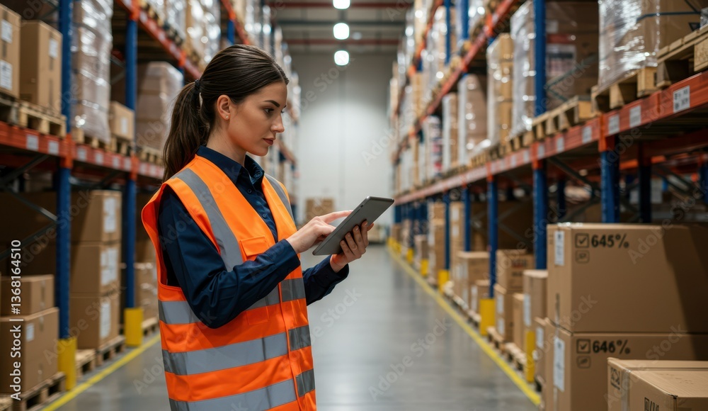 Caucasian woman in safety vest using tablet in warehouse environment focused on logistics and efficiency. Caucasian woman in safety vest using tablet in warehouse environment focused on logistics and efficiency.