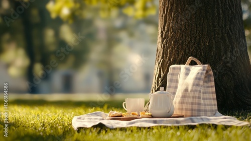 A serene picnic setup under a tree, featuring a teapot, cups, and snacks on a blanket, creating a peaceful outdoor atmosphere.