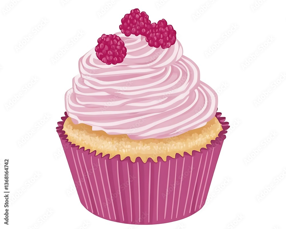 A delicious cupcake decorated with pink frosting and fresh raspberries A delicious cupcake decorated with pink frosting and fresh raspberries