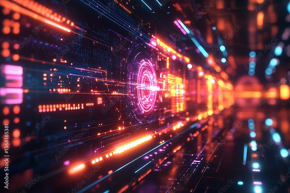 Obraz premium An abstract digital interface with glowing elements and sharp, geometric patterns
