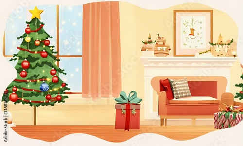 Festive Christmas Scene Illustration Interior with Tree Ornaments Gift Boxes