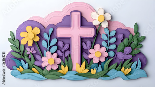 Pastel paper-cut cross amidst blooming flowers and rolling hills