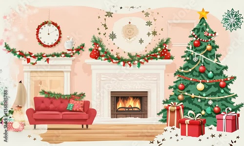 Festive Christmas Interior Illustration with Decorated Tree and Fireplace