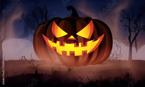 Glowing Jack O Lantern Pumpkin in Spooky Night Illustration