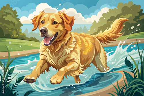 dog in water river running cartoon illustration