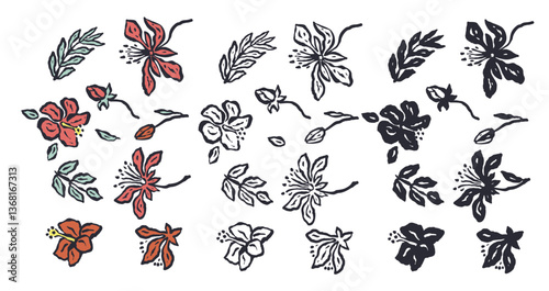 Set of abstract inky jungle flowers sketches isolated on white. Black silhouettes of hand drawn doodle florals. Botanical monochrome vector illustrations bundle