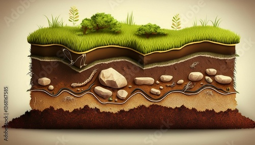 soil layers diagram scheme with grass roots stones worms humus sand stones geology underground infographic land in the section mineral particles educational illustration