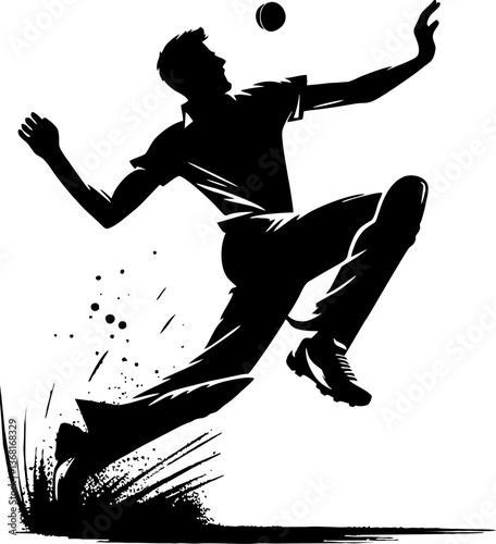 Dynamic Black Silhouette of Fast Bowler in Mid-Air Before Delivery Against White Background

