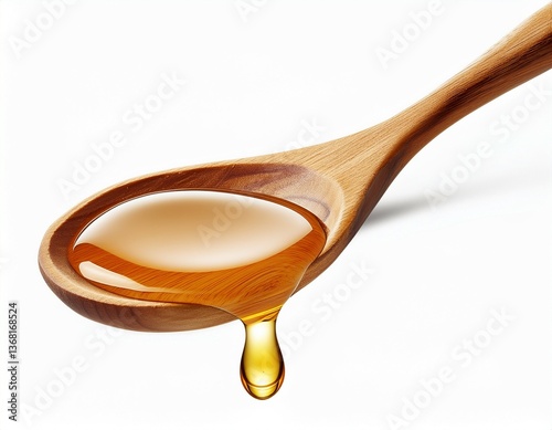 wooden spoon with honey drip isolated on white background