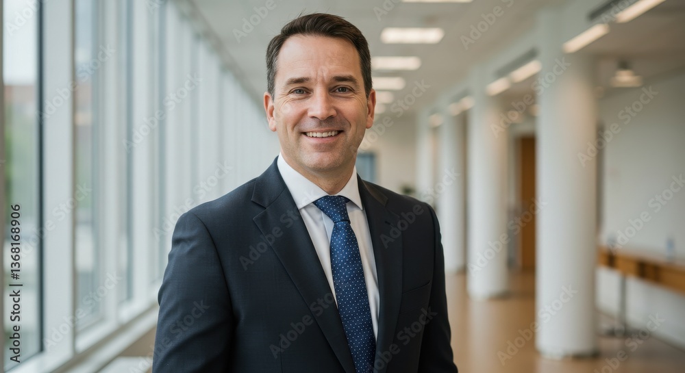 A man in a suit smiling in a bright hallway with large windows and white walls and a blurry background view A man in a suit smiling in a bright hallway with large windows and white walls and a blurry background view
