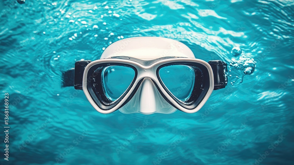 Fototapeta premium Scuba goggles with a sleek silicone strap on an ocean-inspired turquoise backdrop.