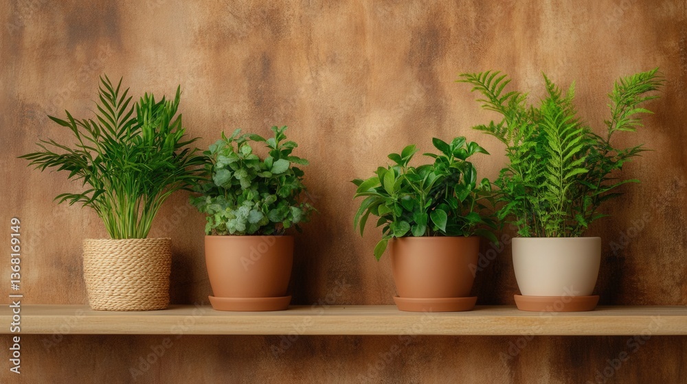 Obraz premium An aesthetic arrangement of vibrant potted plants against a rustic earthy backdrop, showcasing the beauty of indoor gardening and nature's touch in home decor.
