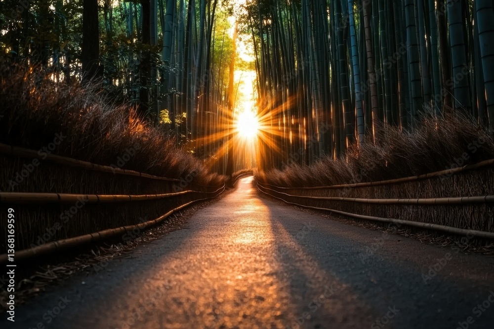 Obraz premium Exploring the enchanting arashiyama bamboo grove kyoto japan a stunning display of famous landmarks bathed in sunlight and nature's tranquility