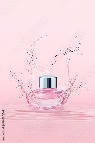 Pink perfume bottle in water splash on pink background