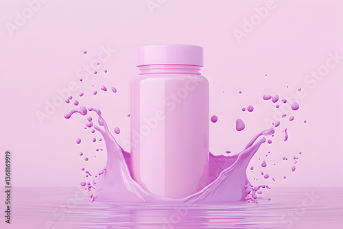 Pink pill bottle in a pink liquid splash