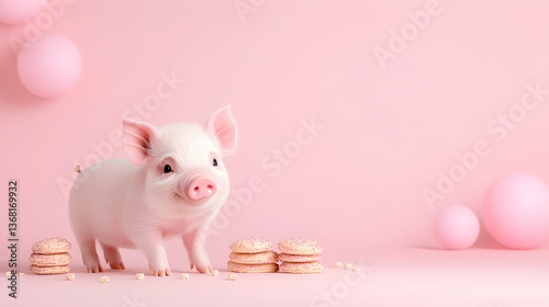 Pink piglet with pastel macarons and balloons on pink background