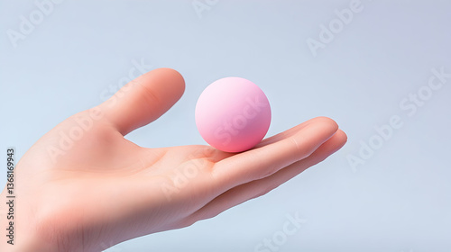 Pink sphere gently cradled in a hand against a light blue backdrop