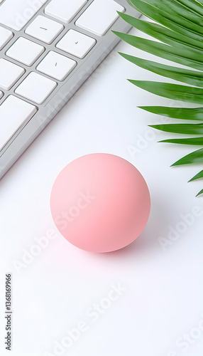 Pink sphere, keyboard, palm leaf on white background